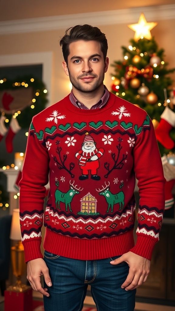 A man in a Christmas sweater in a decorated living room with a Christmas tree.